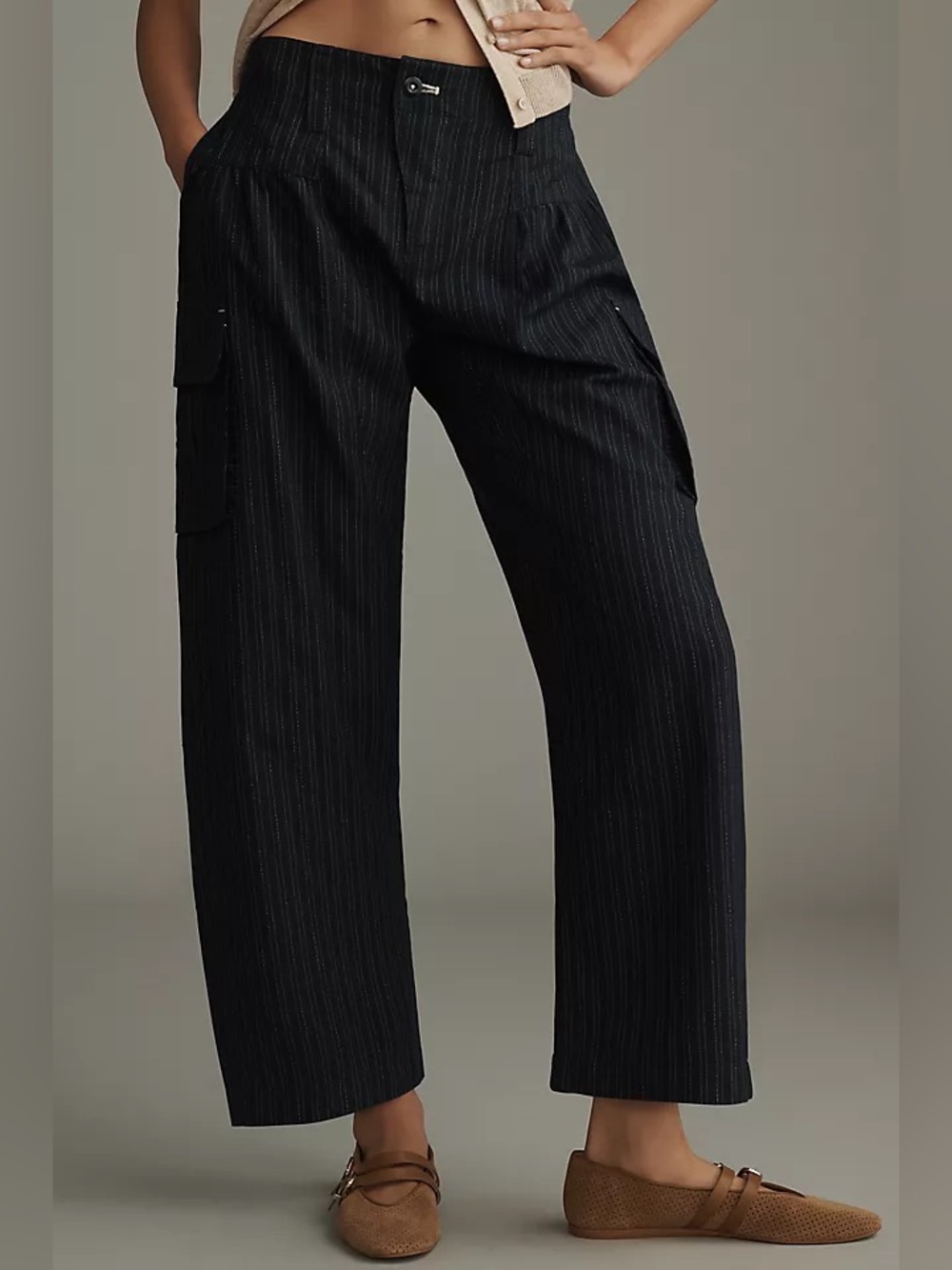 Anthropologie || Pilcro Pinstripe Curved Pants Barrel Cargo Navy Blue Stripe 29
